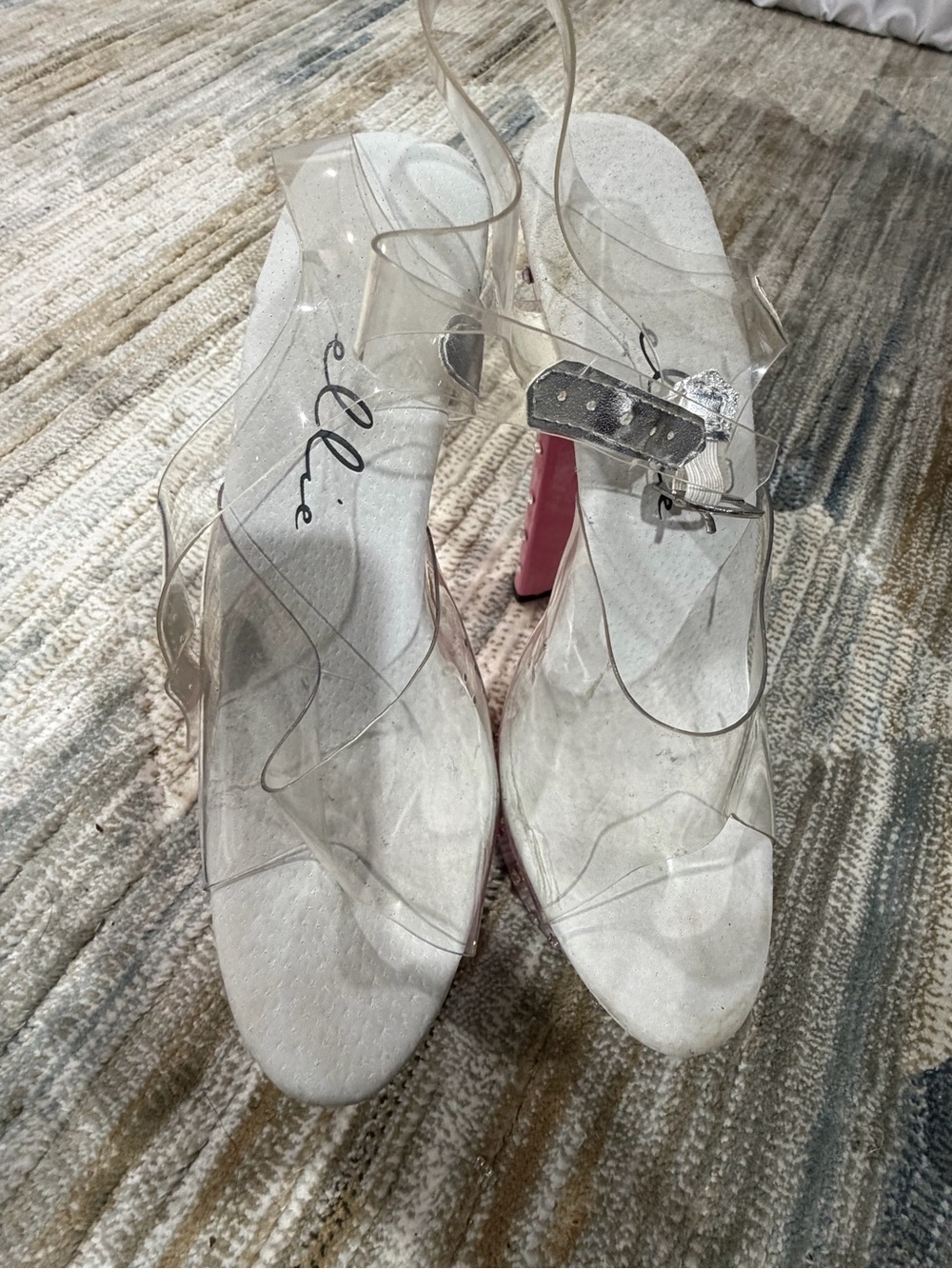 Ellie Clear PVC Strappy Heels with Pink Block Heel